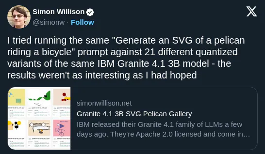 Simon Willison Benchmarks IBM Granite 4.1 Quantizations for Spatial Reasoning