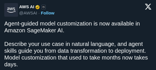 AWS Launches Agentic SageMaker Workflows to Automate End-to-End Model Customization
