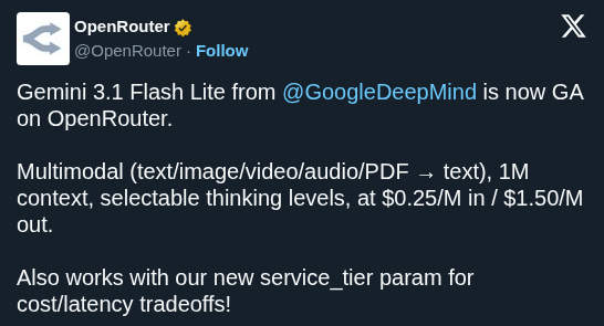 OpenRouter Adds Gemini 3.1 Flash Lite With 1M Context and Service Tiers