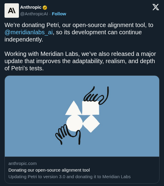 Anthropic Donates Petri Alignment Tool to Meridian Labs and Releases Version 3.0