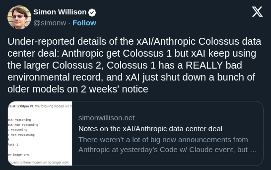 Simon Willison Details Environmental Risks and Kill Switch in Anthropic xAI Deal