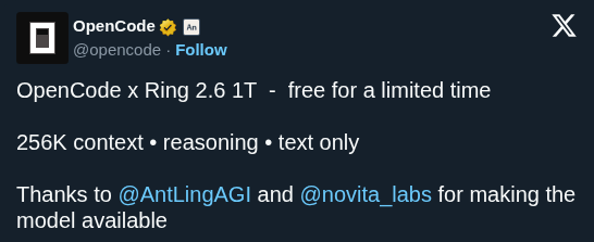 OpenCode Offers Free Access to AntLingAGI Trillion Parameter Ring 2.6 Reasoning Model