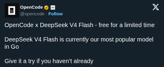 OpenCode Offers Free Access to DeepSeek V4 Flash Coding Model