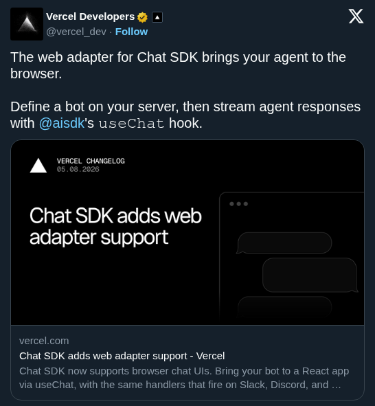 Vercel Chat SDK Adds Web Adapter to Bring Agents into the Browser