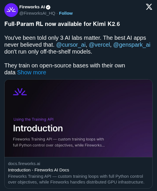 Fireworks AI Launches Full Parameter RL Training for Kimi K2.6