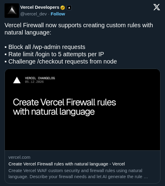 Vercel Adds Natural Language Interface to Firewall for Instant Security Rules