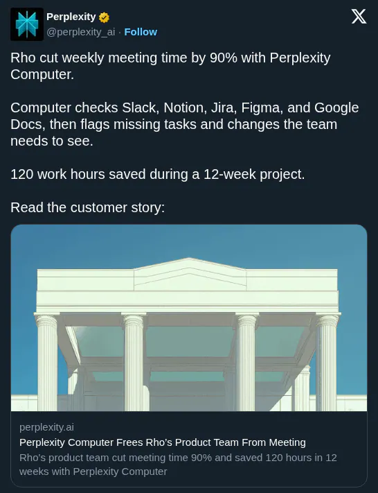 Perplexity Computer Cuts Rho Meeting Time by 90 Percent via Agentic Orchestration