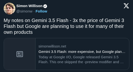 Simon Willison Analyzes Gemini 3.5 Flash and Finds a Threefold Price Increase