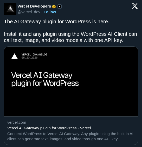 Vercel Brings AI Gateway to WordPress for Unified Multi-Model Access