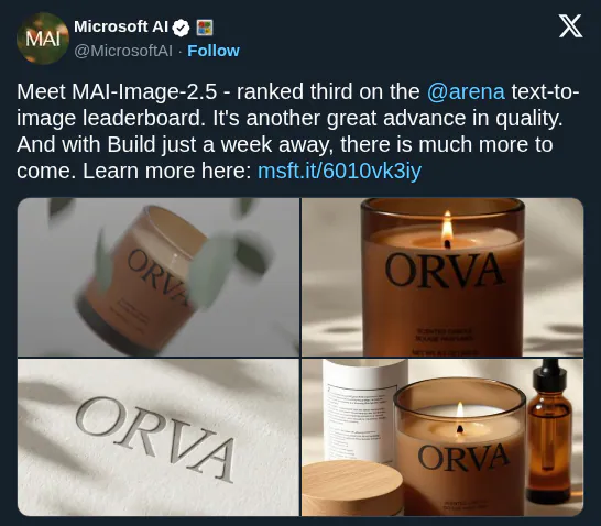 Arena.ai Ranks Microsoft MAI-Image-2.5 at Number Two for Image Editing