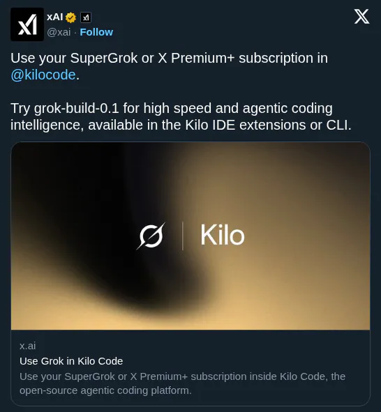 xAI Integrates Grok Build Into Kilo Code to Power Agentic Engineering