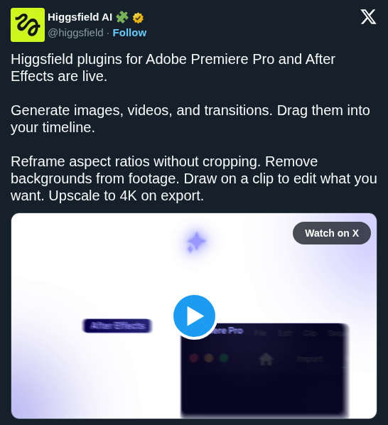 Higgsfield Brings Generative Video and AI Editing Directly to Adobe Premiere