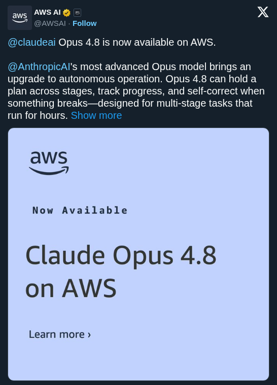 AWS Launches Claude Opus 4.8 With Self Correcting Autonomous Planning