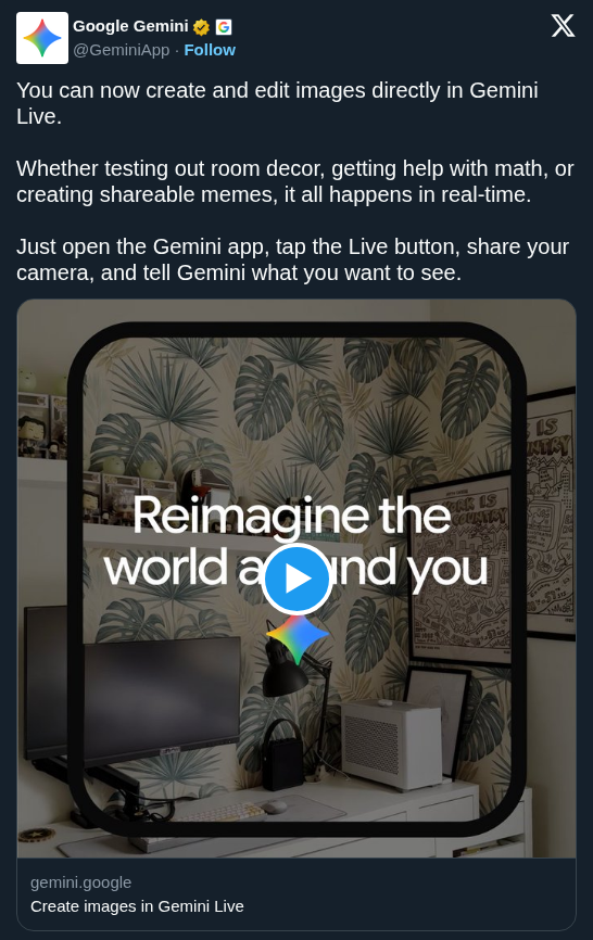 Google Gemini Live Now Creates and Edits Images in Real-Time with Camera