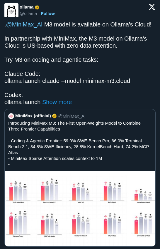 Ollama Cloud Adds MiniMax M3 for Frontier Agentic Coding and 1M Context