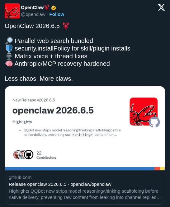 OpenClaw 2026.6.5 Bundles Parallel Search, Hardens Agent Security and AI Model Recovery